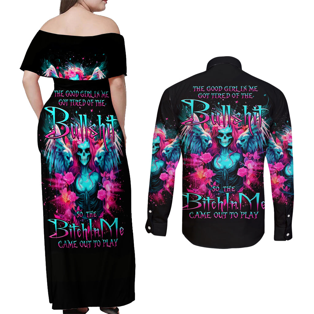 Witch Skull Couples Matching Off Shoulder Maxi Dress and Long Sleeve Button Shirt The Good Girl In Me Got Tired Of The Bullshit - Wonder Print Shop