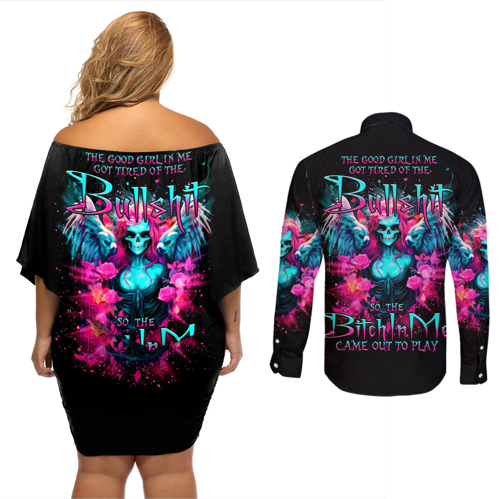Witch Skull Couples Matching Off Shoulder Short Dress and Long Sleeve Button Shirt The Good Girl In Me Got Tired Of The Bullshit - Wonder Print Shop