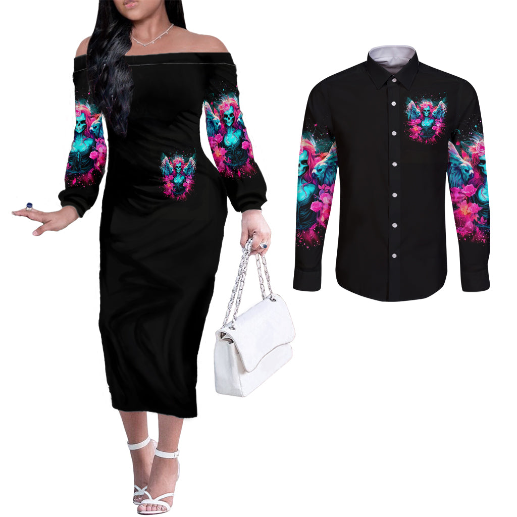 Witch Skull Couples Matching Off The Shoulder Long Sleeve Dress and Long Sleeve Button Shirt The Good Girl In Me Got Tired Of The Bullshit