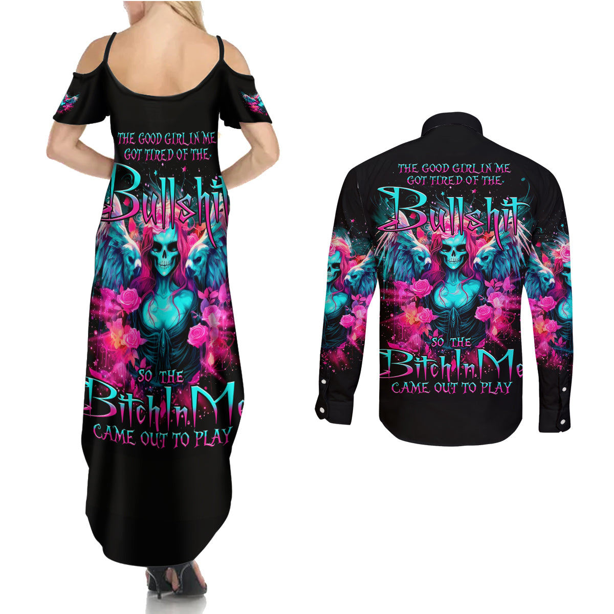 Witch Skull Couples Matching Summer Maxi Dress and Long Sleeve Button Shirt The Good Girl In Me Got Tired Of The Bullshit - Wonder Print Shop