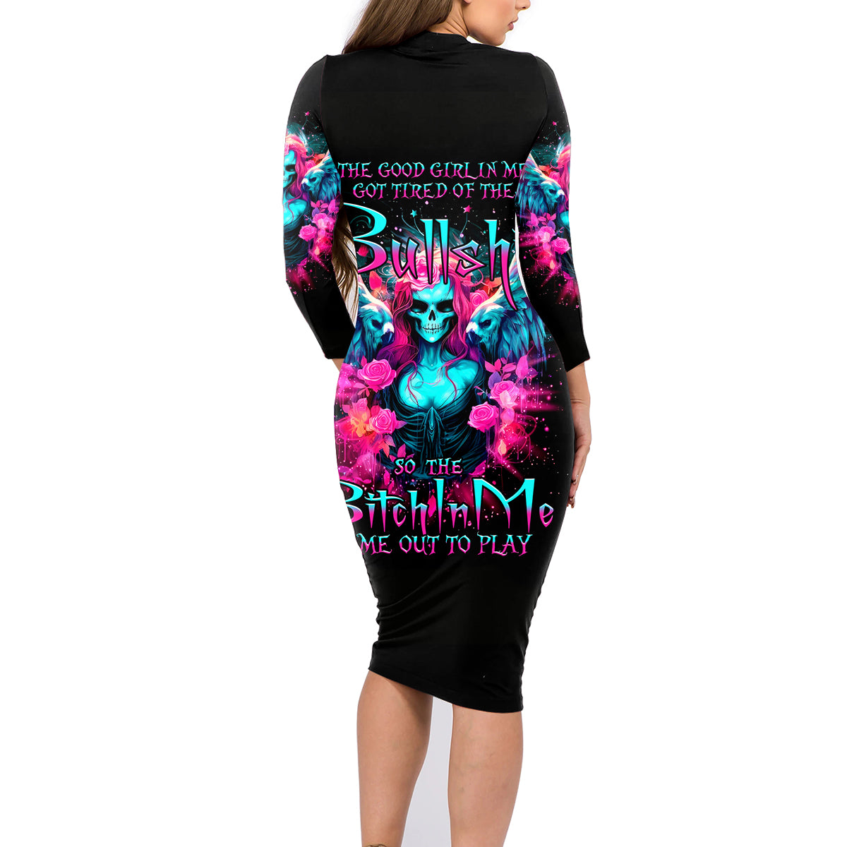 Witch Skull Family Matching Long Sleeve Bodycon Dress and Hawaiian Shirt The Good Girl In Me Got Tired Of The Bullshit - Wonder Print Shop
