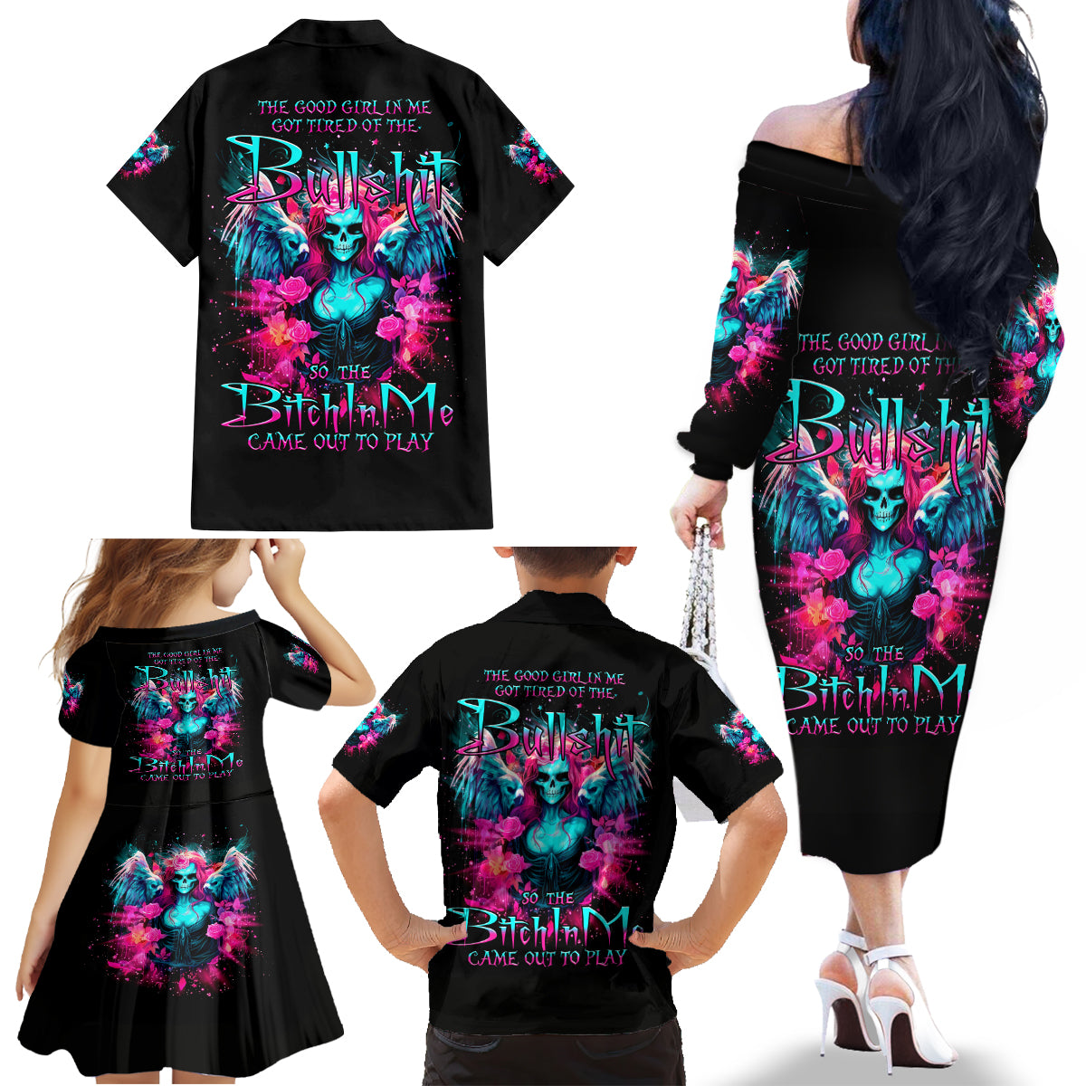Witch Skull Family Matching Off Shoulder Long Sleeve Dress and Hawaiian Shirt The Good Girl In Me Got Tired Of The Bullshit - Wonder Print Shop
