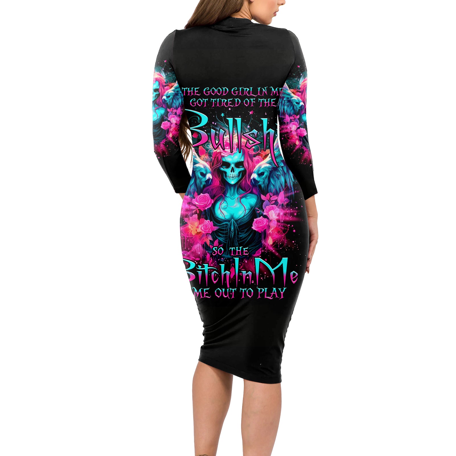 Witch Skull Long Sleeve Bodycon Dress The Good Girl In Me Got Tired Of The Bullshit - Wonder Print Shop