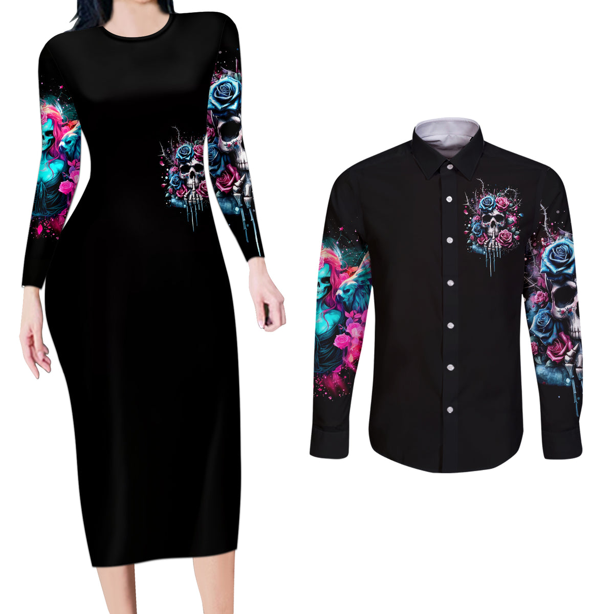 Rose Skull Couples Matching Long Sleeve Bodycon Dress and Long Sleeve Button Shirt Fresh Out Of Fucks - Wonder Print Shop
