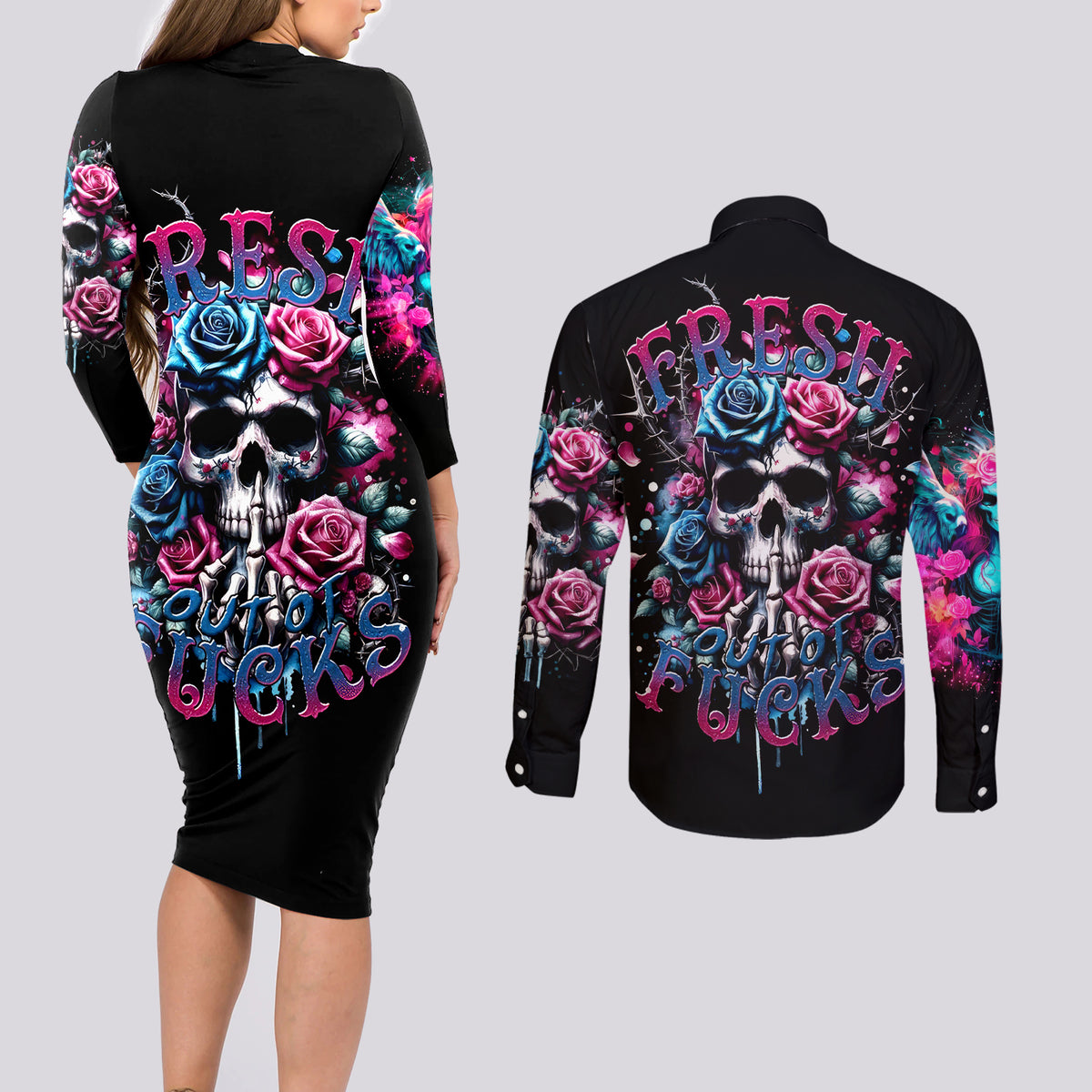Rose Skull Couples Matching Long Sleeve Bodycon Dress and Long Sleeve Button Shirt Fresh Out Of Fucks - Wonder Print Shop