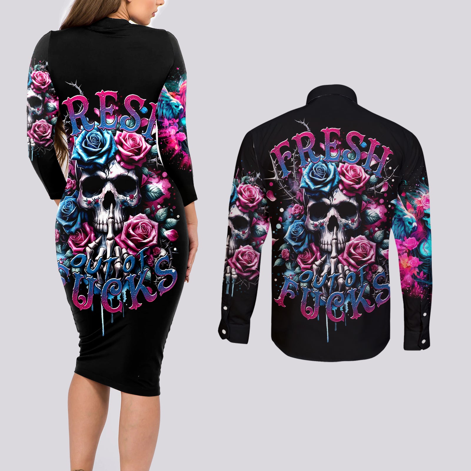 Rose Skull Couples Matching Long Sleeve Bodycon Dress and Long Sleeve Button Shirt Fresh Out Of Fucks - Wonder Print Shop