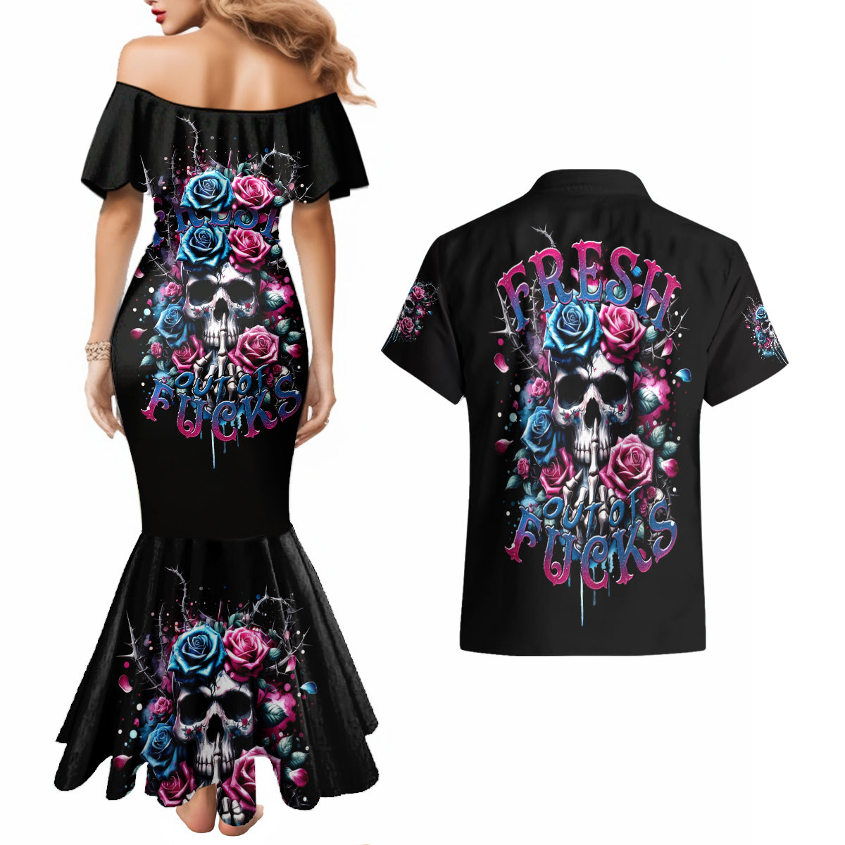 Rose Skull Couples Matching Mermaid Dress and Hawaiian Shirt Fresh Out Of Fucks - Wonder Print Shop
