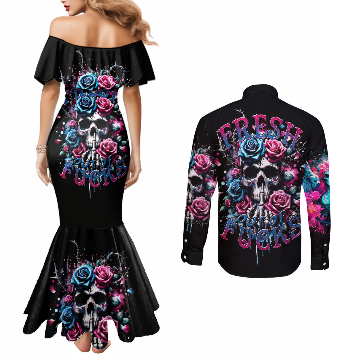 Rose Skull Couples Matching Mermaid Dress and Long Sleeve Button Shirt Fresh Out Of Fucks