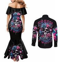 Rose Skull Couples Matching Mermaid Dress and Long Sleeve Button Shirt Fresh Out Of Fucks