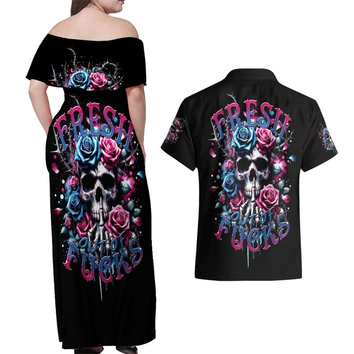 Rose Skull Couples Matching Off Shoulder Maxi Dress and Hawaiian Shirt Fresh Out Of Fucks - Wonder Print Shop
