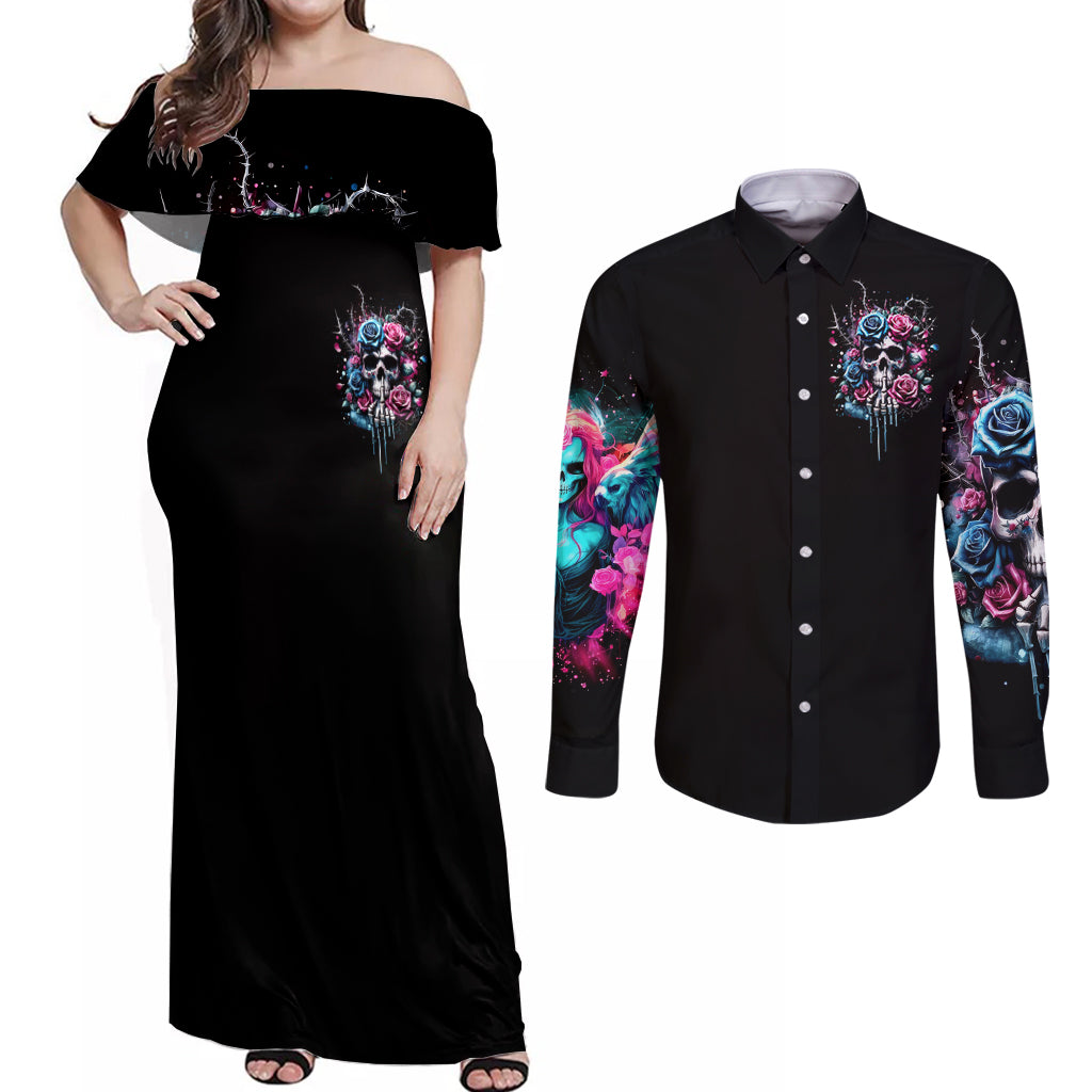 Rose Skull Couples Matching Off Shoulder Maxi Dress and Long Sleeve Button Shirt Fresh Out Of Fucks - Wonder Print Shop