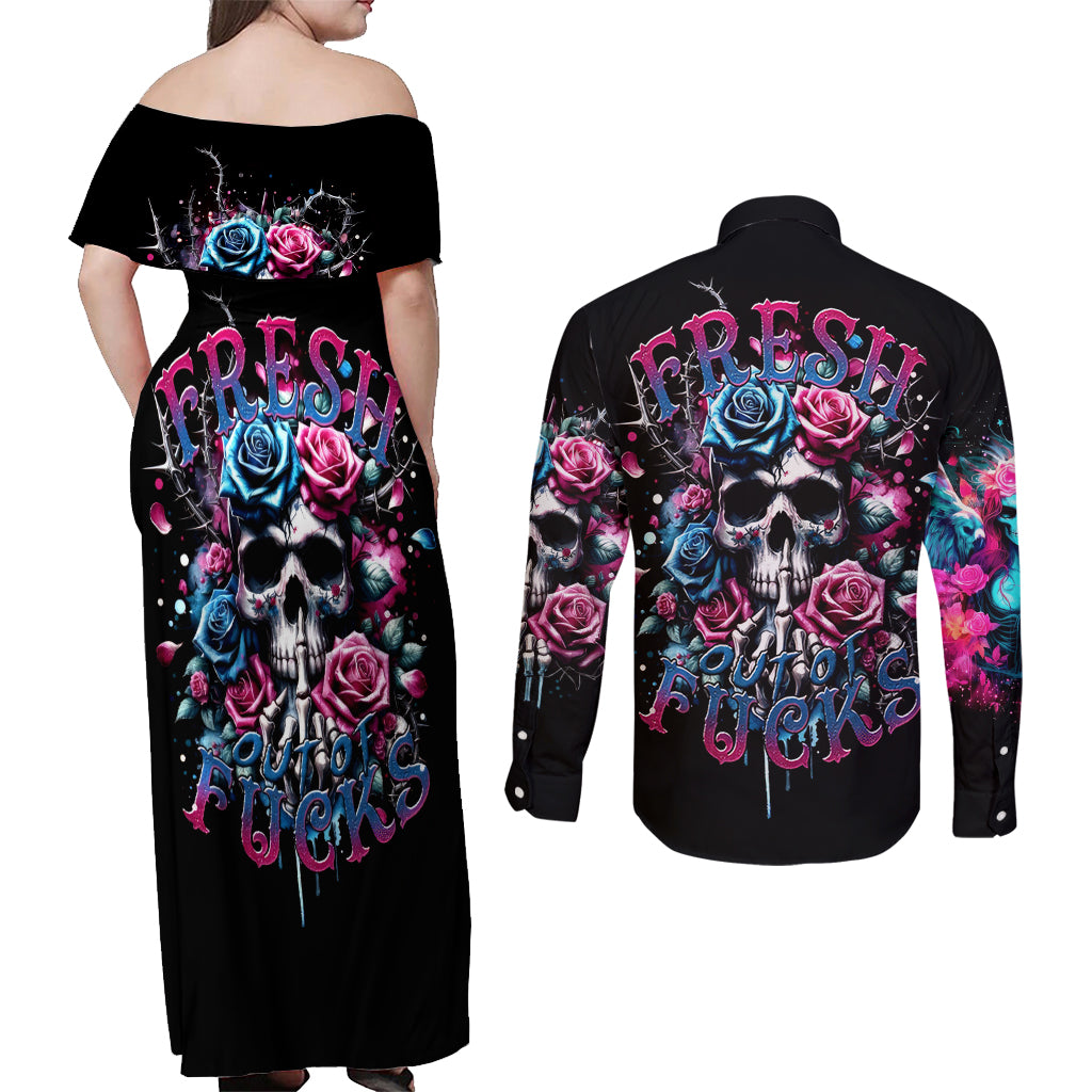 Rose Skull Couples Matching Off Shoulder Maxi Dress and Long Sleeve Button Shirt Fresh Out Of Fucks - Wonder Print Shop