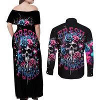 Rose Skull Couples Matching Off Shoulder Maxi Dress and Long Sleeve Button Shirt Fresh Out Of Fucks - Wonder Print Shop