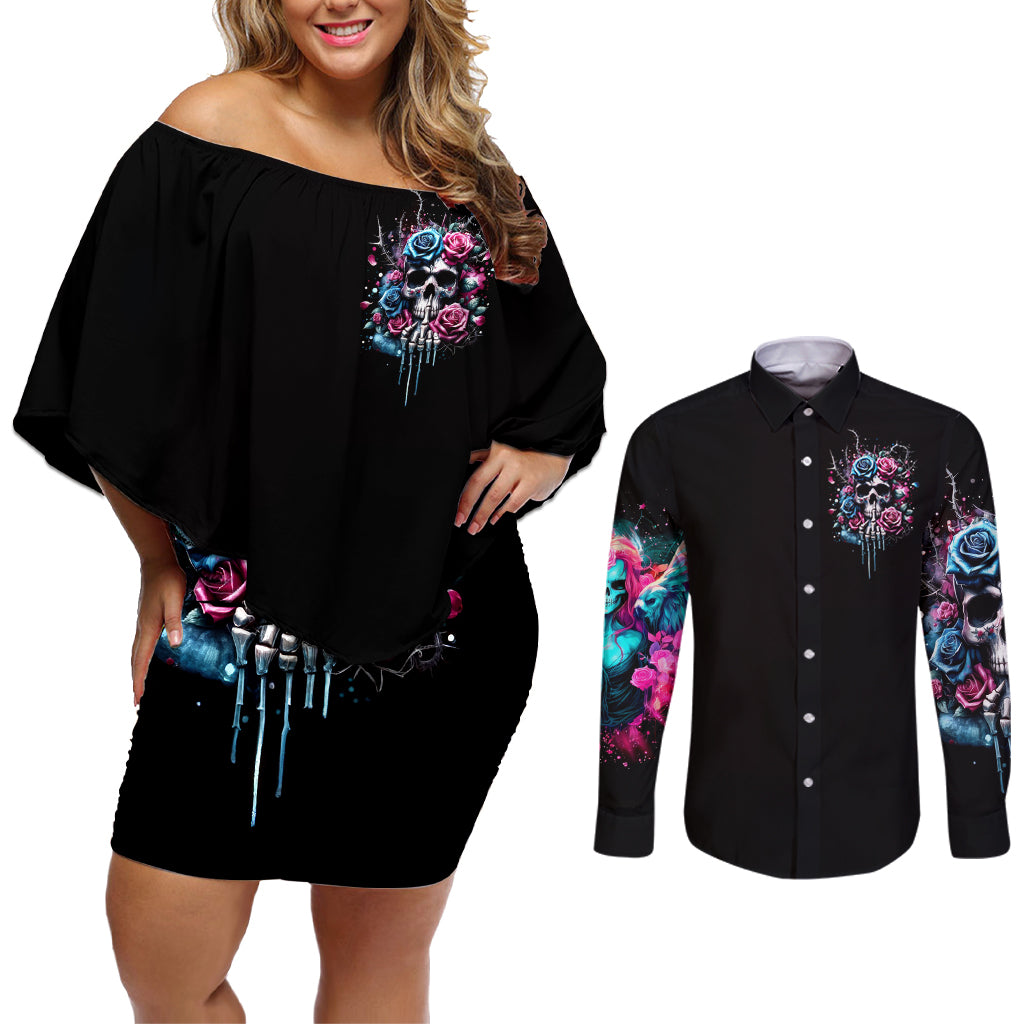 Rose Skull Couples Matching Off Shoulder Short Dress and Long Sleeve Button Shirt Fresh Out Of Fucks - Wonder Print Shop