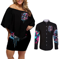 Rose Skull Couples Matching Off Shoulder Short Dress and Long Sleeve Button Shirt Fresh Out Of Fucks - Wonder Print Shop