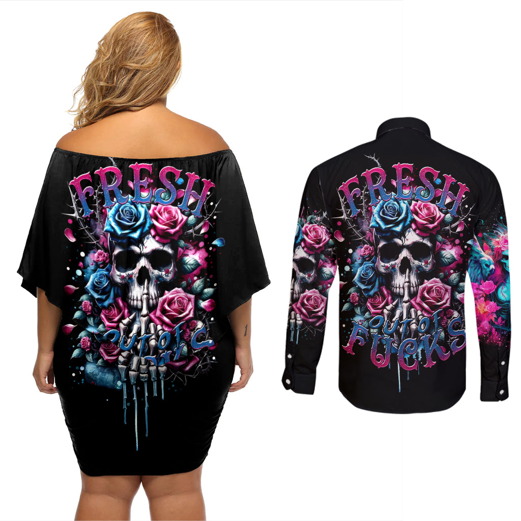 Rose Skull Couples Matching Off Shoulder Short Dress and Long Sleeve Button Shirt Fresh Out Of Fucks - Wonder Print Shop