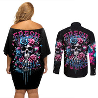Rose Skull Couples Matching Off Shoulder Short Dress and Long Sleeve Button Shirt Fresh Out Of Fucks - Wonder Print Shop
