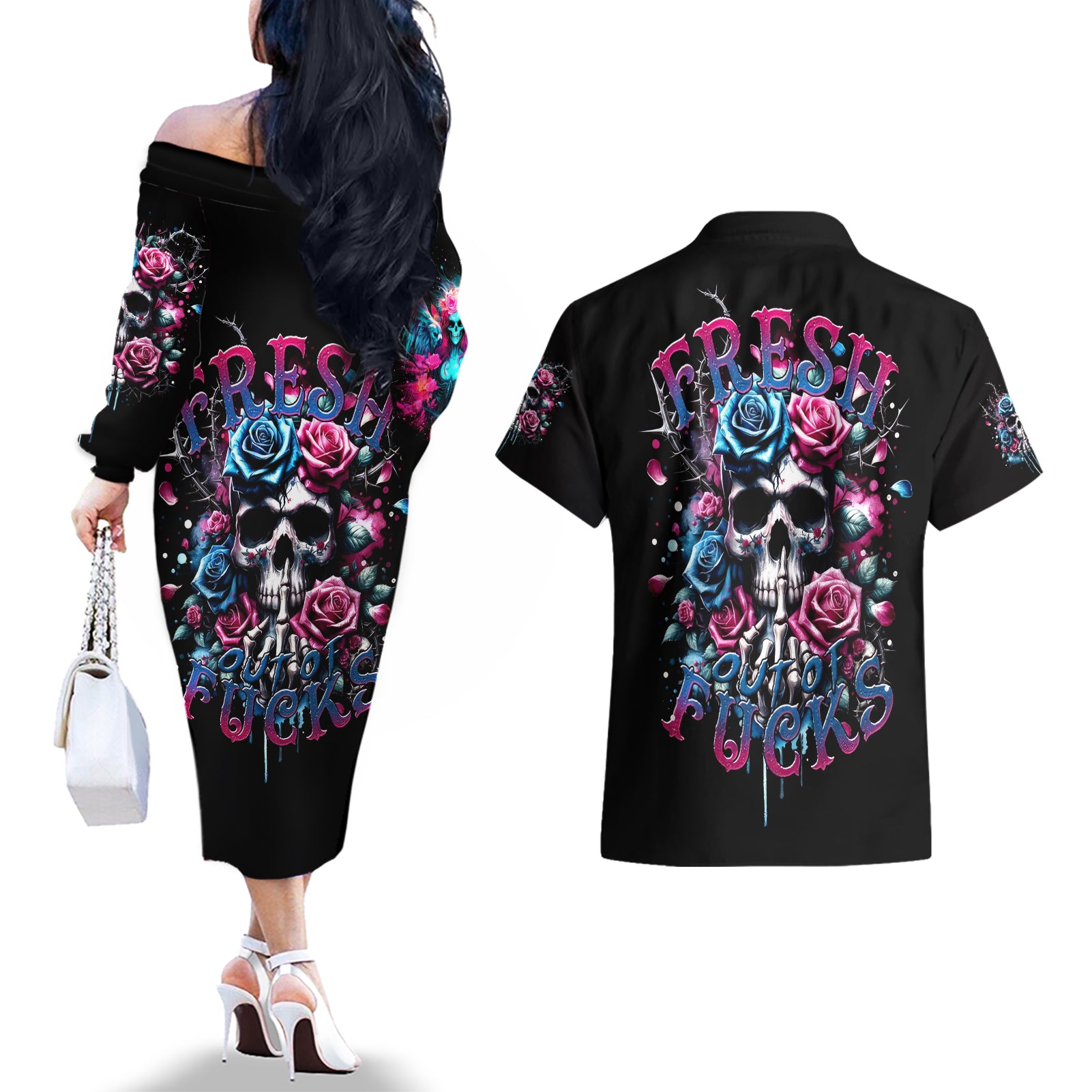 Rose Skull Couples Matching Off The Shoulder Long Sleeve Dress and Hawaiian Shirt Fresh Out Of Fucks - Wonder Print Shop