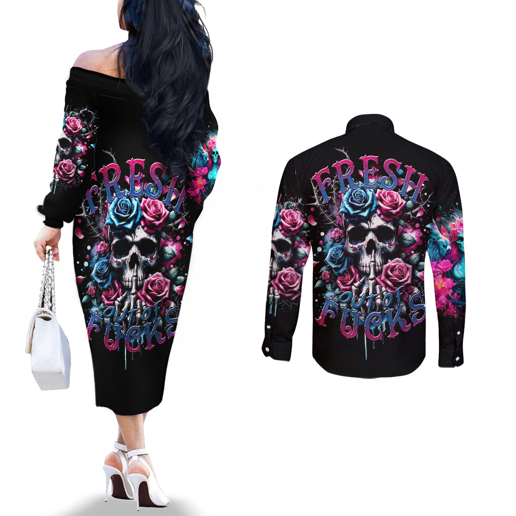 Rose Skull Couples Matching Off The Shoulder Long Sleeve Dress and Long Sleeve Button Shirt Fresh Out Of Fucks