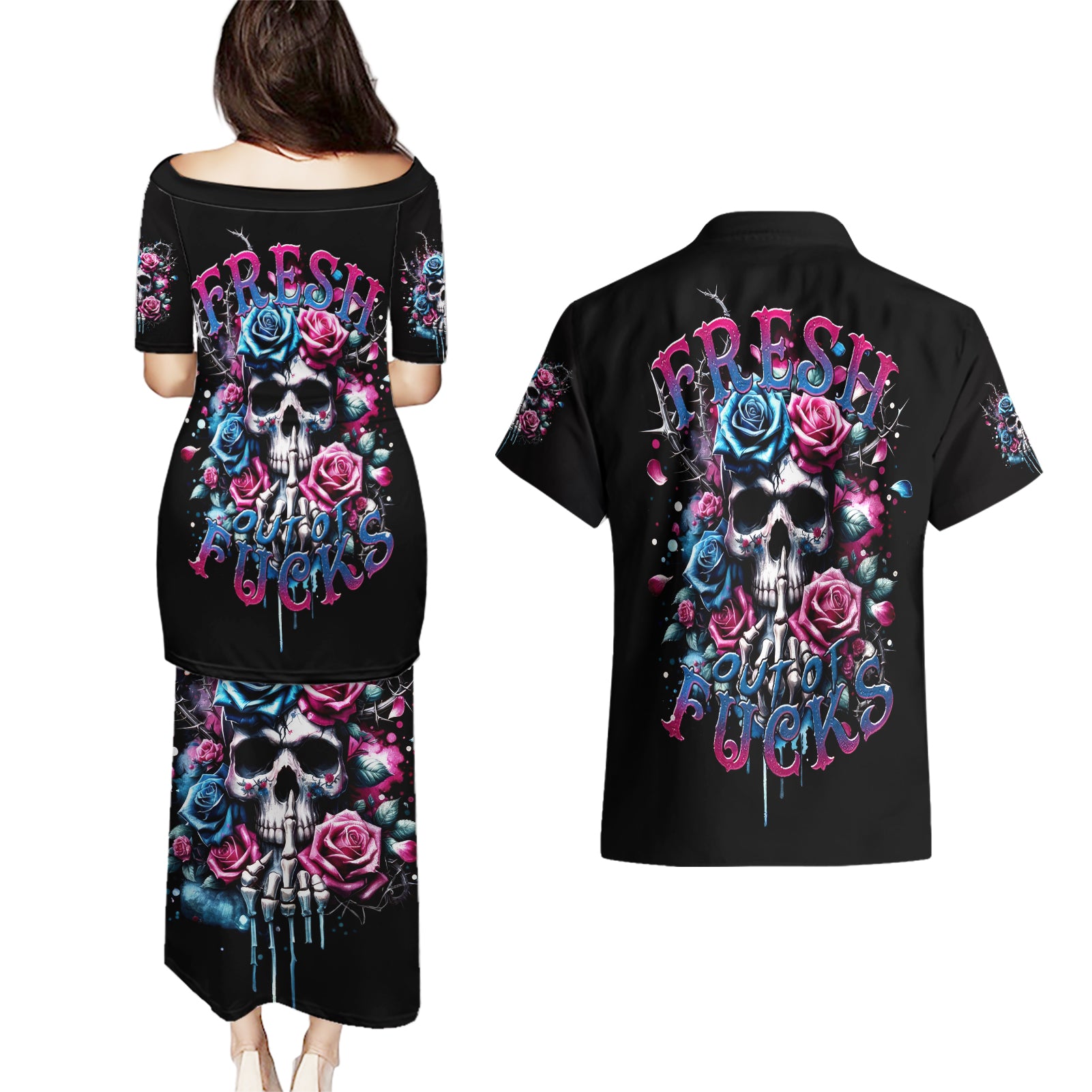 Rose Skull Couples Matching Puletasi and Hawaiian Shirt Fresh Out Of Fucks - Wonder Print Shop
