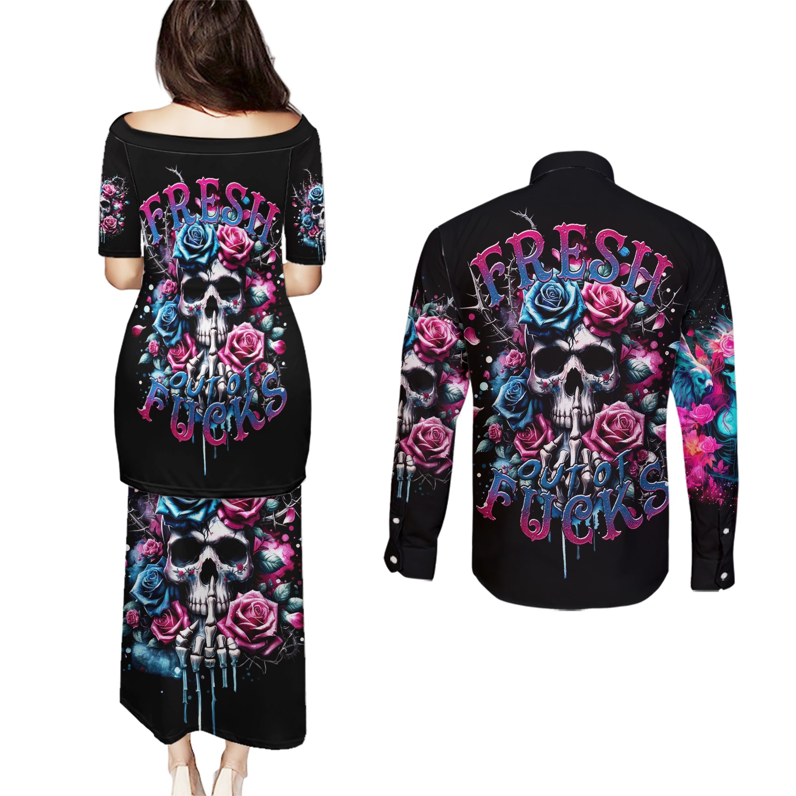Rose Skull Couples Matching Puletasi and Long Sleeve Button Shirt Fresh Out Of Fucks - Wonder Print Shop