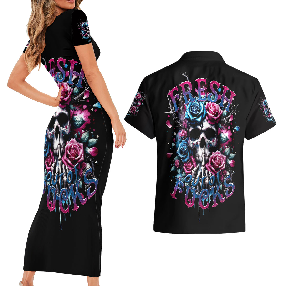 Rose Skull Couples Matching Short Sleeve Bodycon Dress and Hawaiian Shirt Fresh Out Of Fucks - Wonder Print Shop
