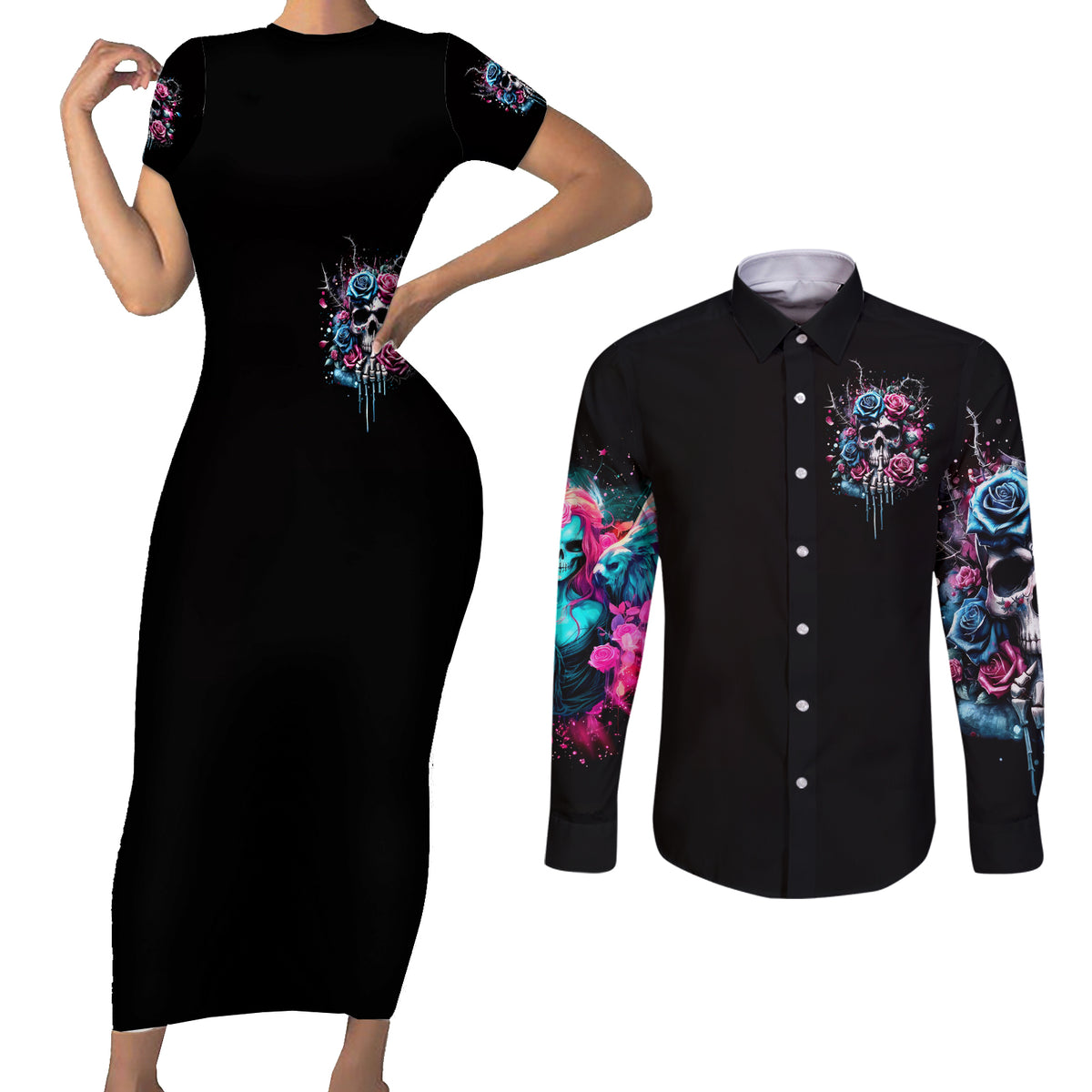 Rose Skull Couples Matching Short Sleeve Bodycon Dress and Long Sleeve Button Shirt Fresh Out Of Fucks - Wonder Print Shop
