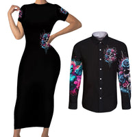 Rose Skull Couples Matching Short Sleeve Bodycon Dress and Long Sleeve Button Shirt Fresh Out Of Fucks - Wonder Print Shop