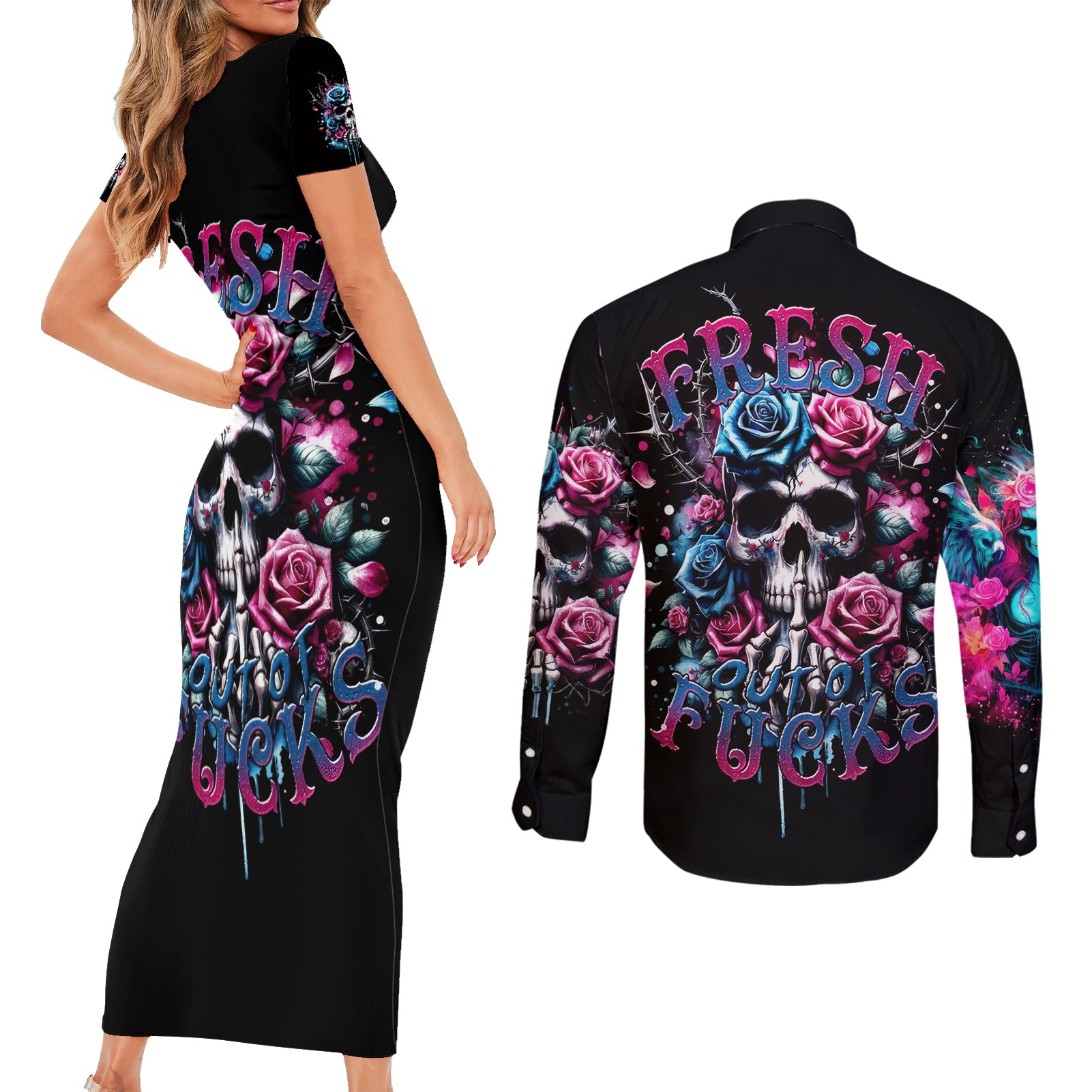 Rose Skull Couples Matching Short Sleeve Bodycon Dress and Long Sleeve Button Shirt Fresh Out Of Fucks - Wonder Print Shop