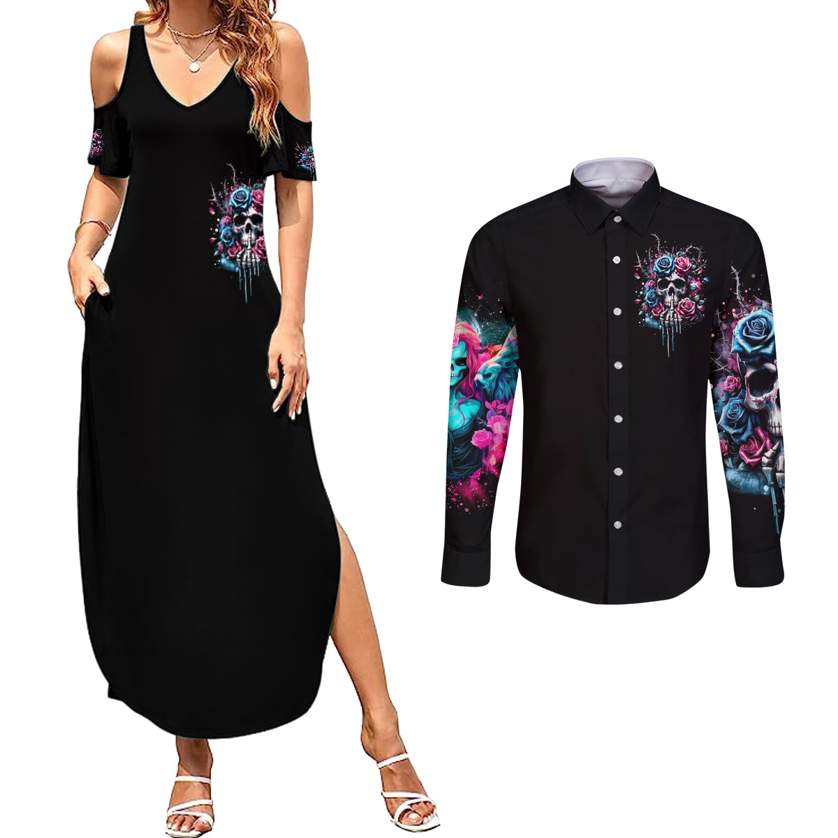 Rose Skull Couples Matching Summer Maxi Dress and Long Sleeve Button Shirt Fresh Out Of Fucks - Wonder Print Shop