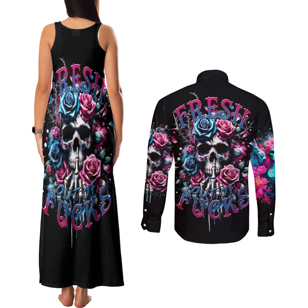 Rose Skull Couples Matching Tank Maxi Dress and Long Sleeve Button Shirt Fresh Out Of Fucks - Wonder Print Shop
