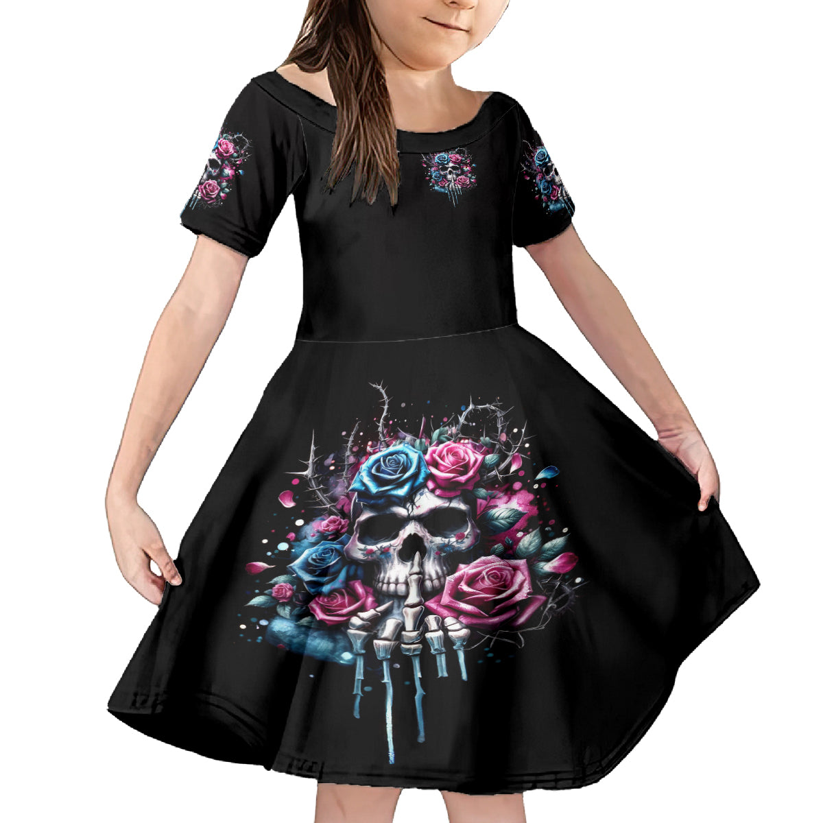 Rose Skull Family Matching Long Sleeve Bodycon Dress and Hawaiian Shirt Fresh Out Of Fucks - Wonder Print Shop