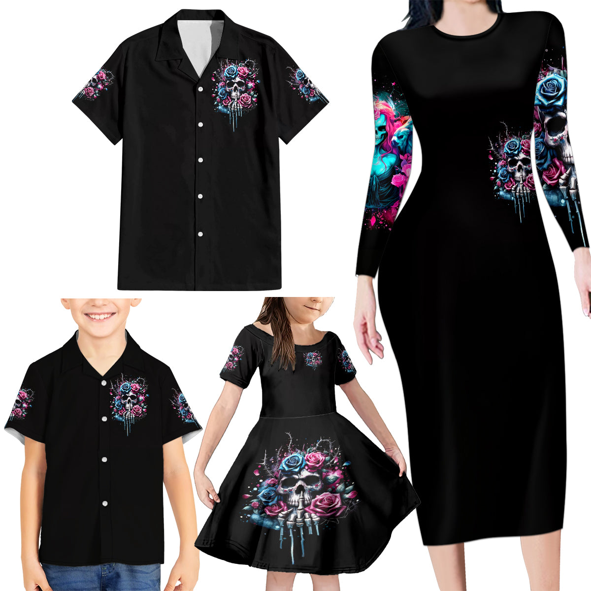 Rose Skull Family Matching Long Sleeve Bodycon Dress and Hawaiian Shirt Fresh Out Of Fucks - Wonder Print Shop