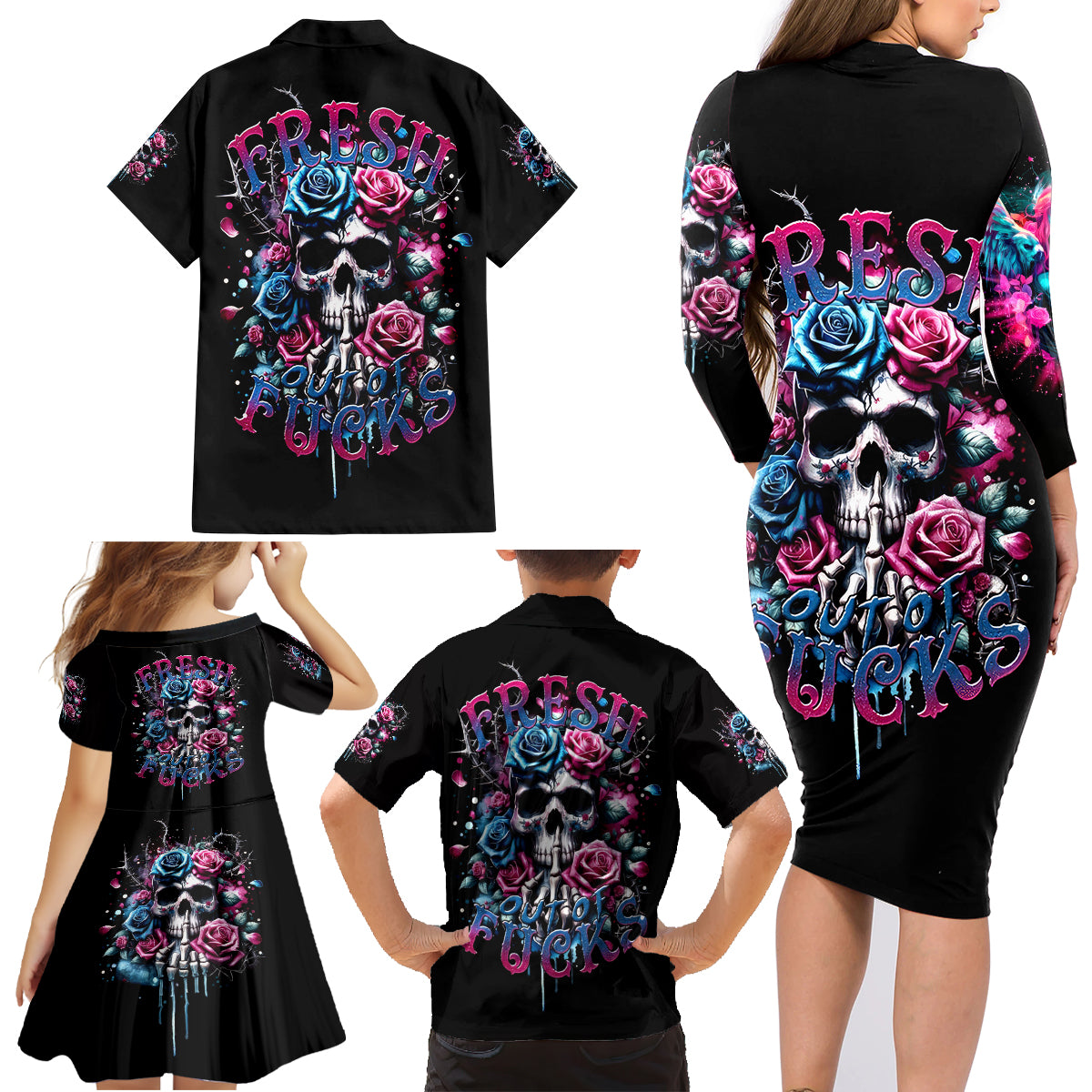 Rose Skull Family Matching Long Sleeve Bodycon Dress and Hawaiian Shirt Fresh Out Of Fucks - Wonder Print Shop