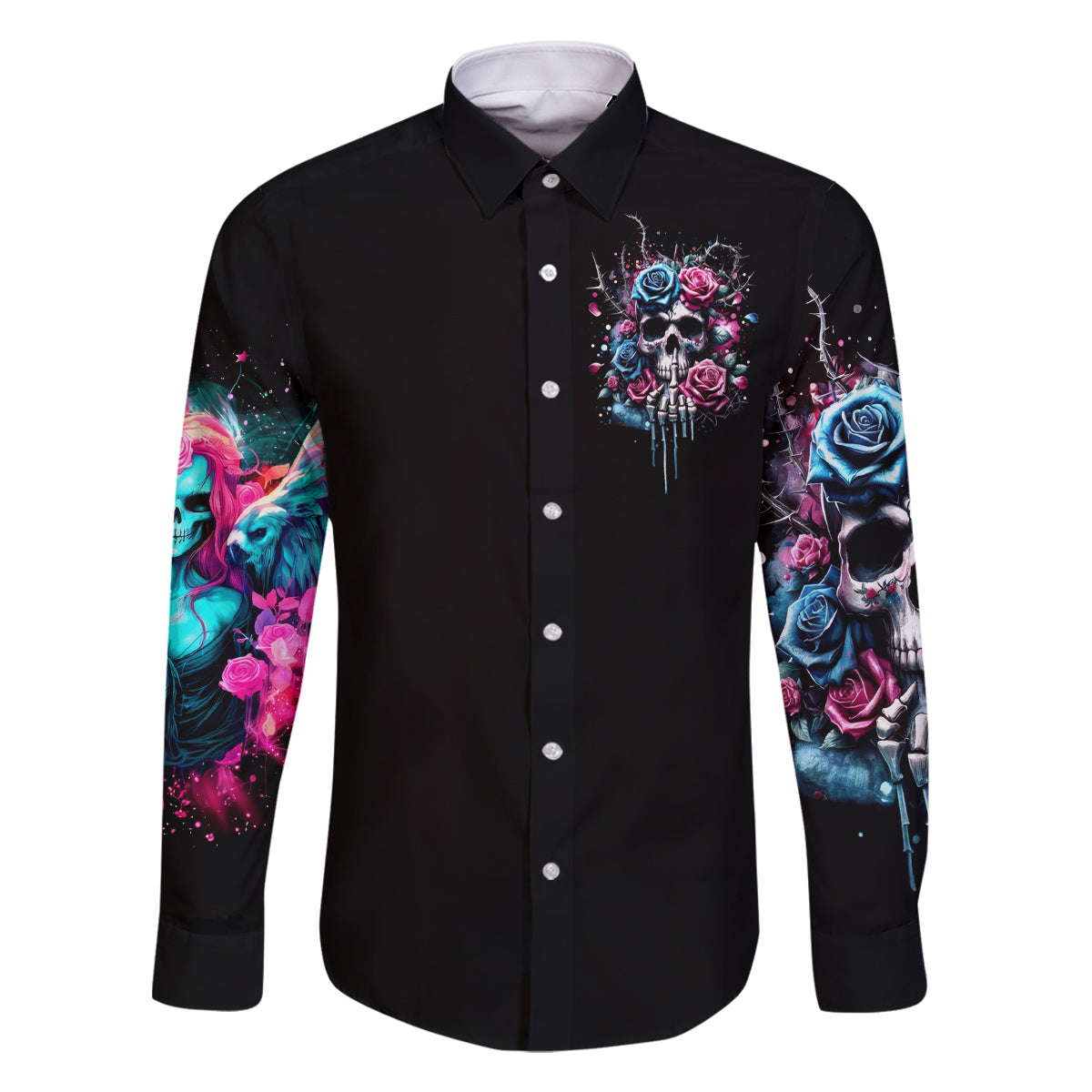 Rose Skull Family Matching Long Sleeve Bodycon Dress and Hawaiian Shirt Fresh Out Of Fucks - Wonder Print Shop
