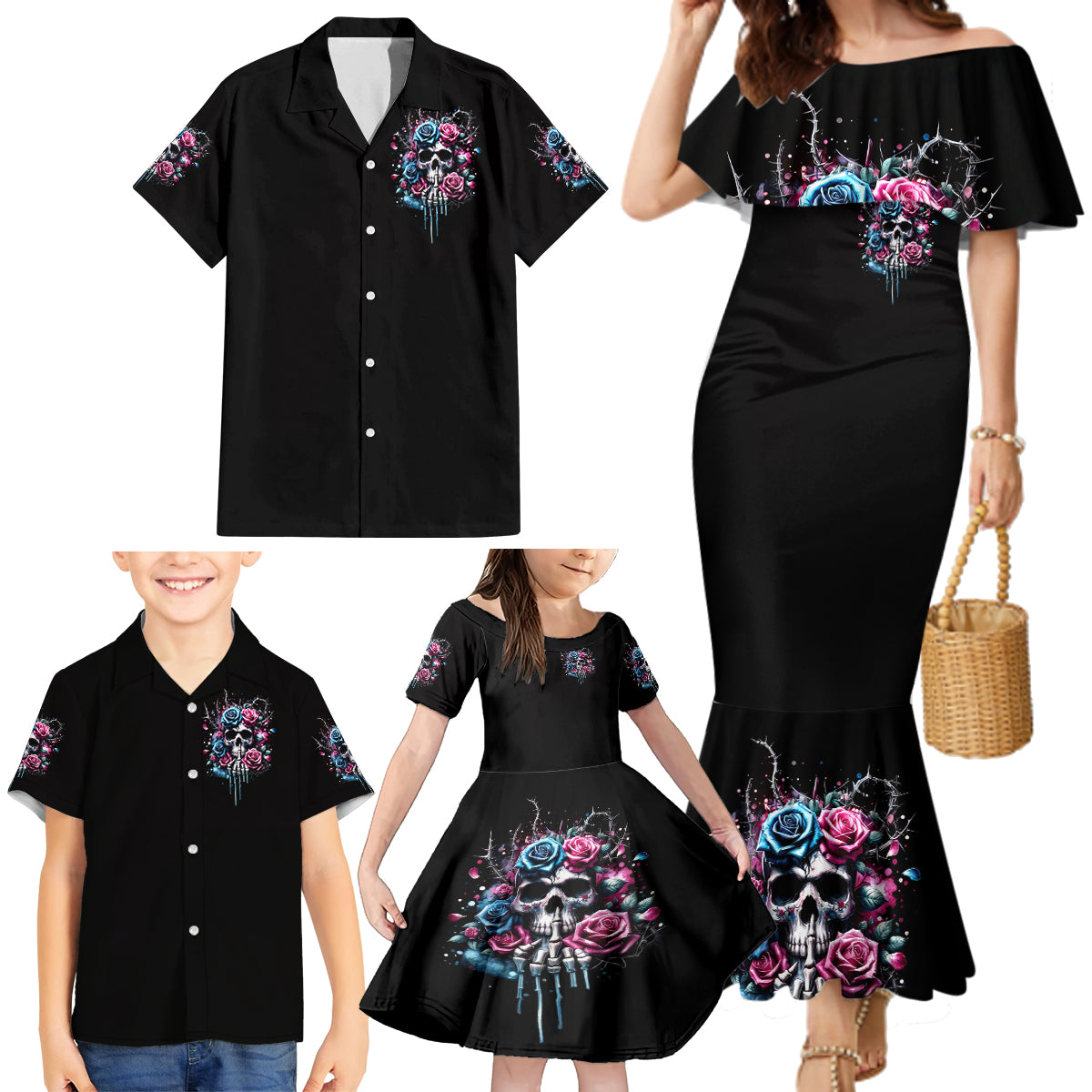 Rose Skull Family Matching Mermaid Dress and Hawaiian Shirt Fresh Out Of Fucks - Wonder Print Shop