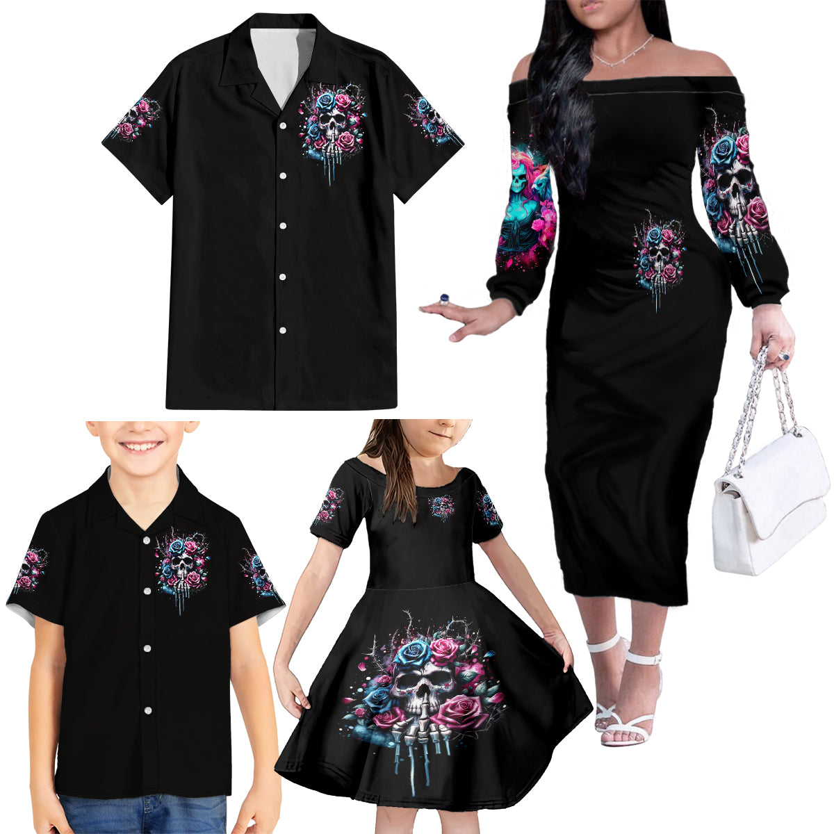 Rose Skull Family Matching Off Shoulder Long Sleeve Dress and Hawaiian Shirt Fresh Out Of Fucks - Wonder Print Shop