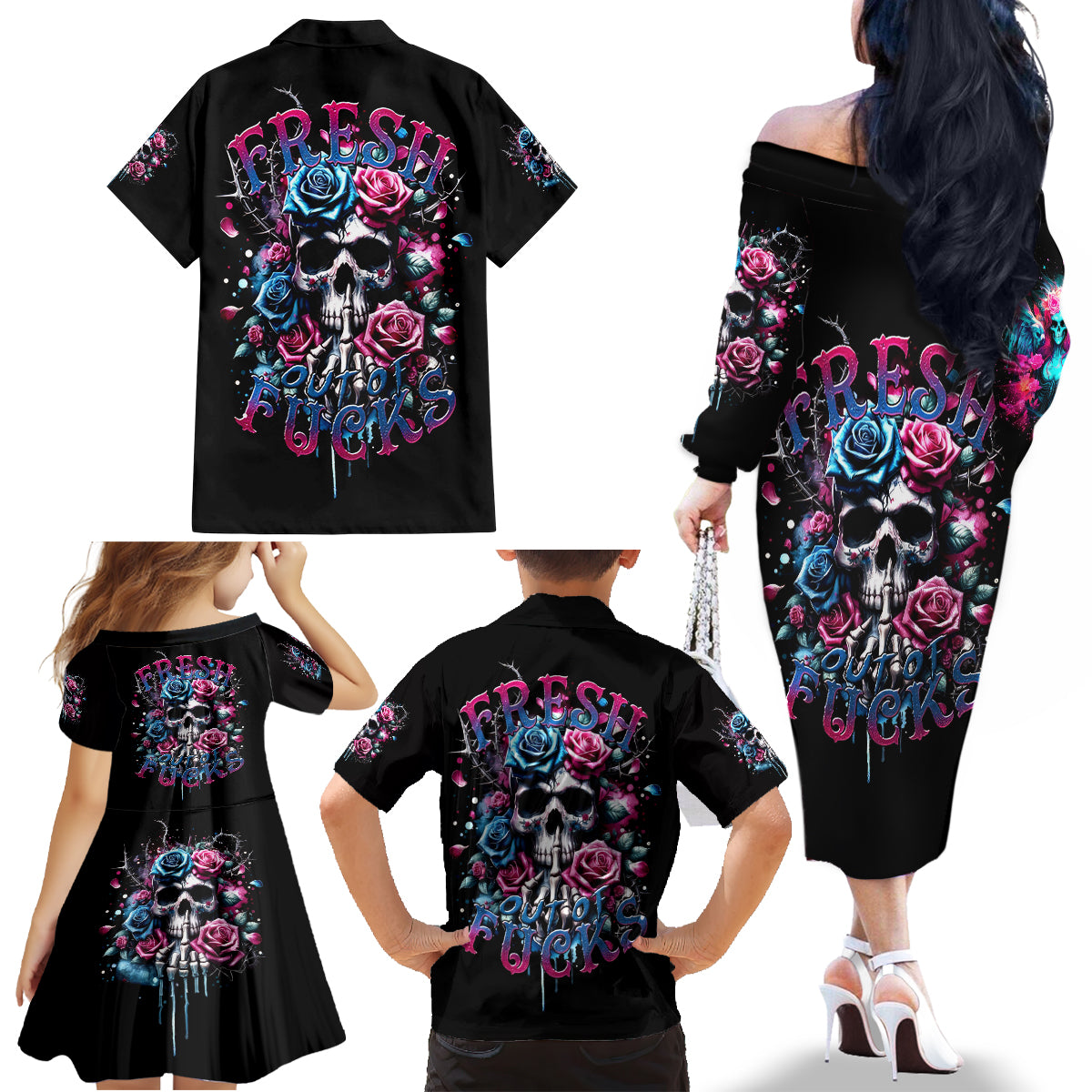 Rose Skull Family Matching Off Shoulder Long Sleeve Dress and Hawaiian Shirt Fresh Out Of Fucks - Wonder Print Shop