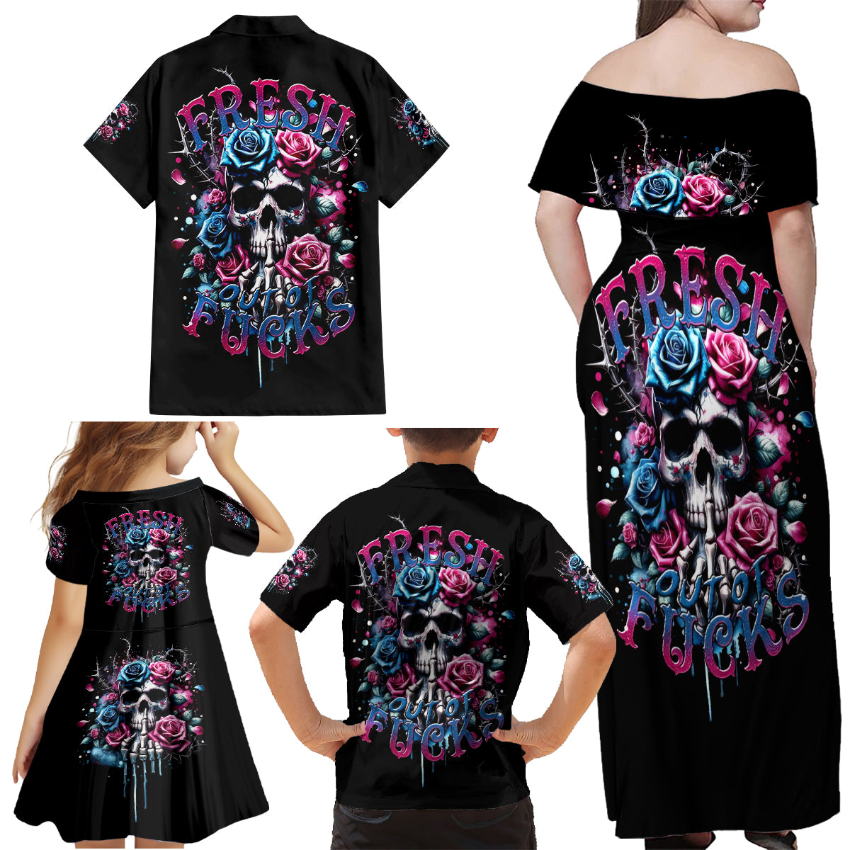Rose Skull Family Matching Off Shoulder Maxi Dress and Hawaiian Shirt Fresh Out Of Fucks - Wonder Print Shop