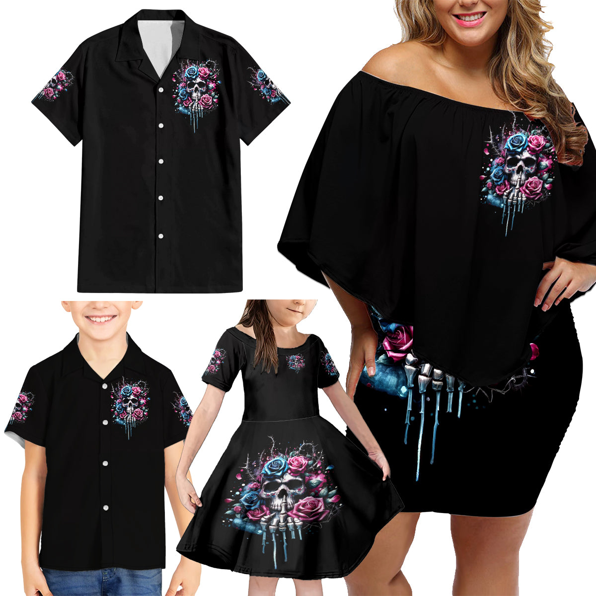 Rose Skull Family Matching Off Shoulder Short Dress and Hawaiian Shirt Fresh Out Of Fucks - Wonder Print Shop