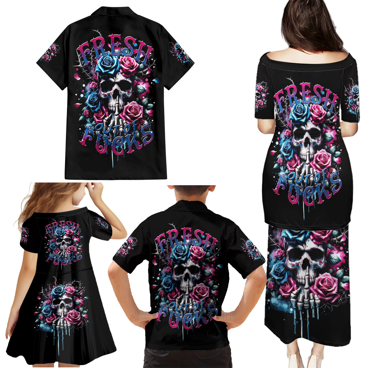 Rose Skull Family Matching Puletasi and Hawaiian Shirt Fresh Out Of Fucks - Wonder Print Shop