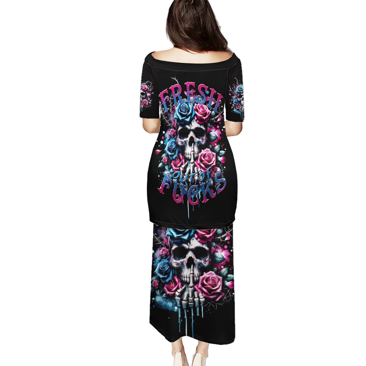 Rose Skull Family Matching Puletasi and Hawaiian Shirt Fresh Out Of Fucks - Wonder Print Shop