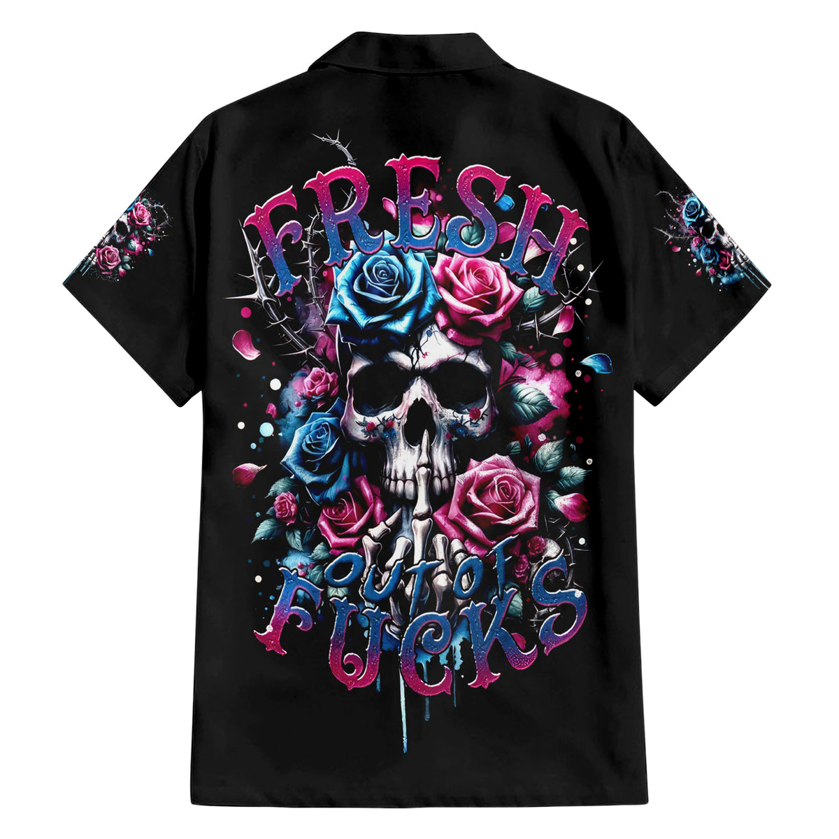 Rose Skull Family Matching Short Sleeve Bodycon Dress and Hawaiian Shirt Fresh Out Of Fucks - Wonder Print Shop