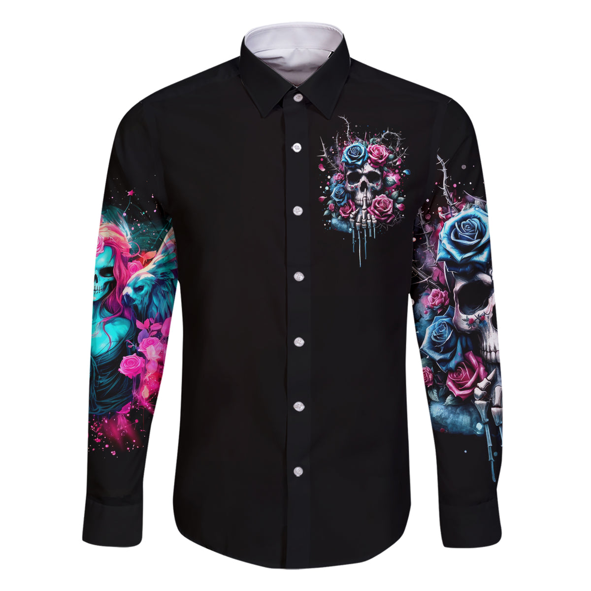 Rose Skull Family Matching Short Sleeve Bodycon Dress and Hawaiian Shirt Fresh Out Of Fucks - Wonder Print Shop