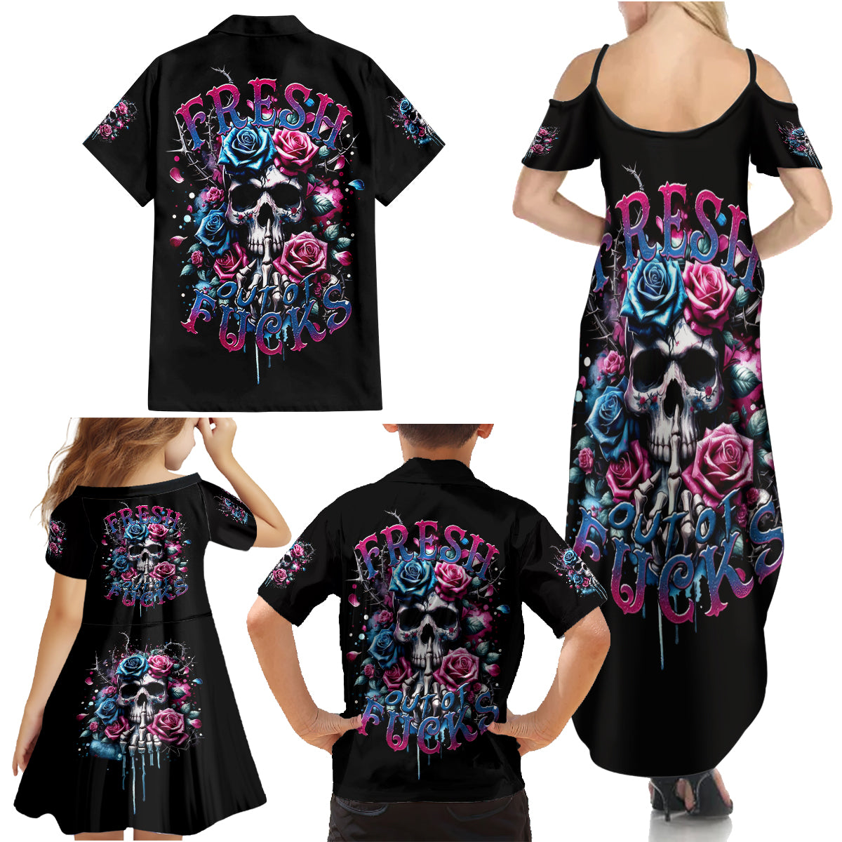 Rose Skull Family Matching Summer Maxi Dress and Hawaiian Shirt Fresh Out Of Fucks - Wonder Print Shop