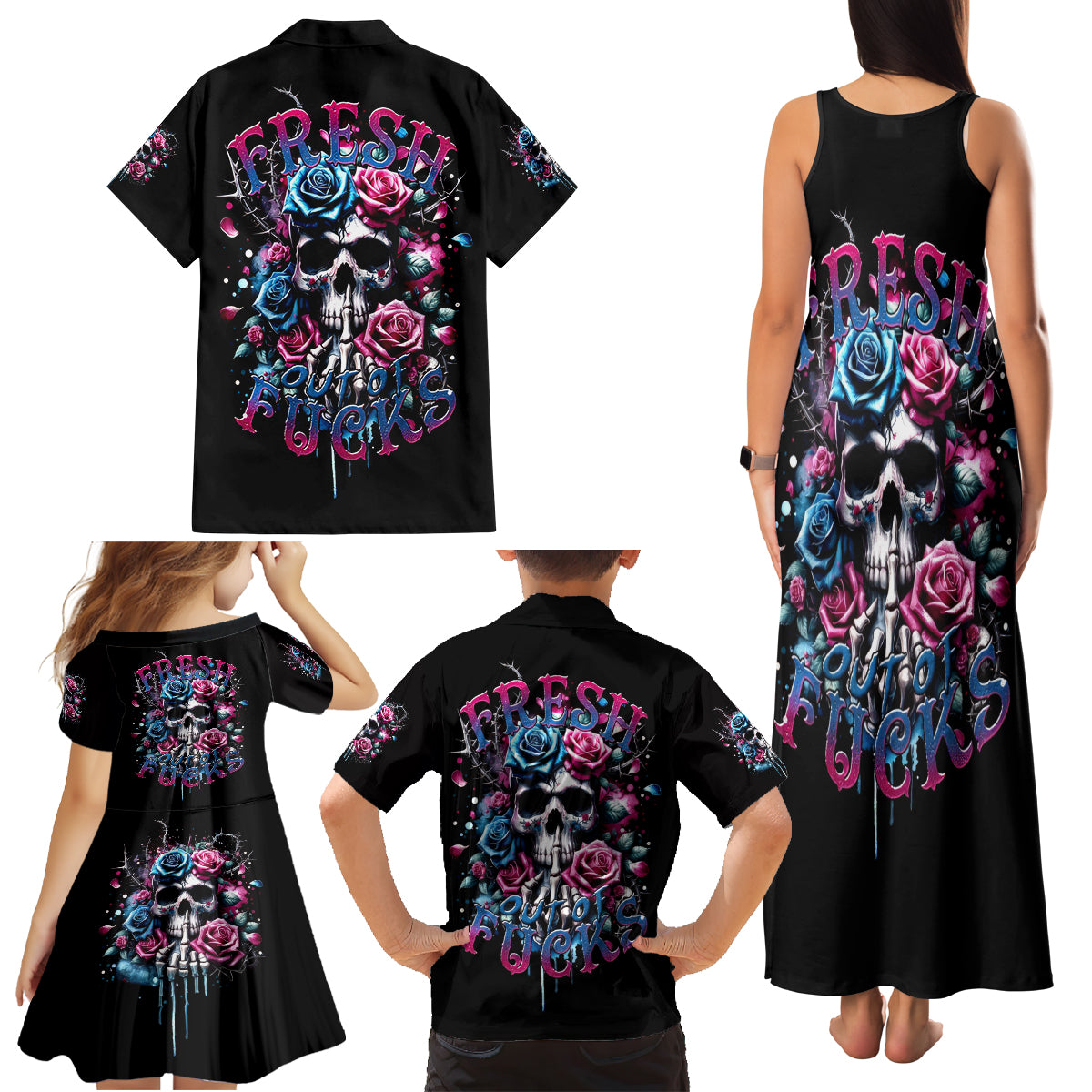 Rose Skull Family Matching Tank Maxi Dress and Hawaiian Shirt Fresh Out Of Fucks - Wonder Print Shop