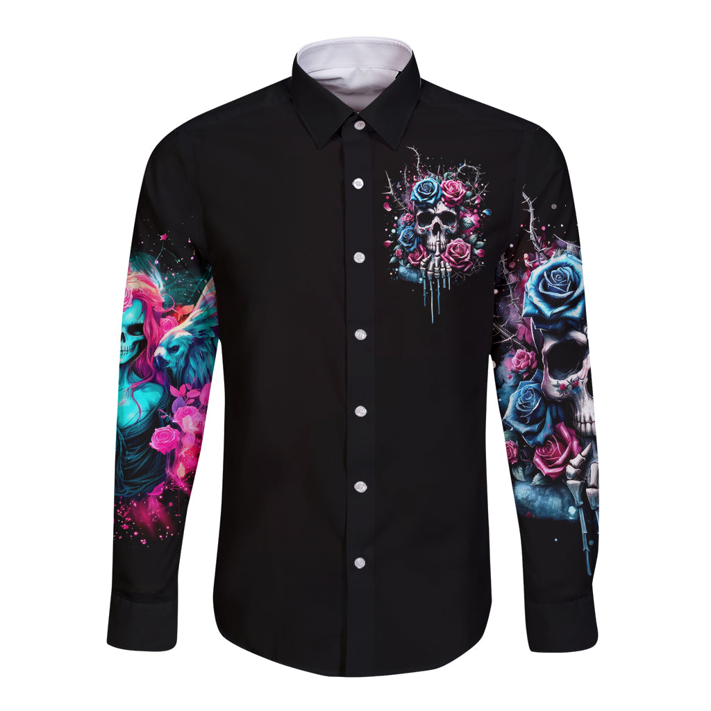 Rose Skull Long Sleeve Button Shirt Fresh Out Of Fucks - Wonder Print Shop