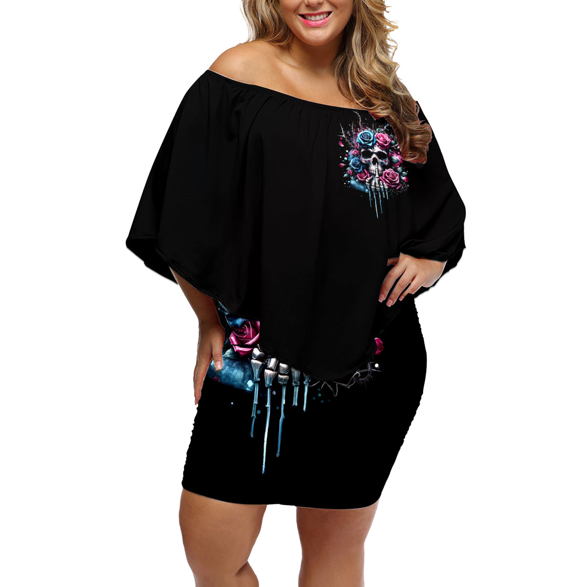 Rose Skull Off Shoulder Short Dress Fresh Out Of Fucks - Wonder Print Shop