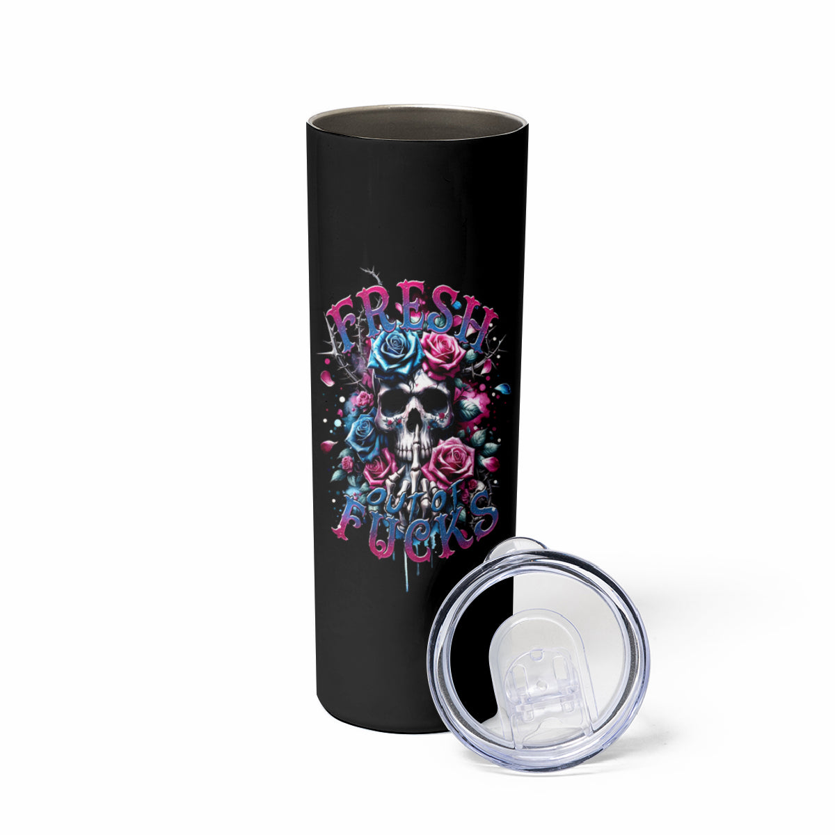 Rose Skull Skinny Tumbler Fresh Out Of Fucks - Wonder Print Shop