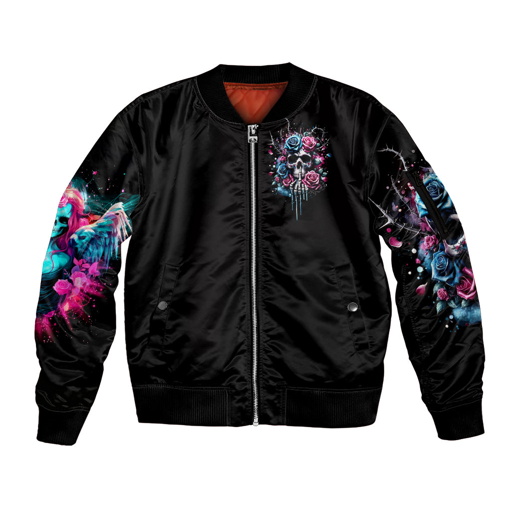 Rose Skull Sleeve Zip Bomber Jacket Fresh Out Of Fucks - Wonder Print Shop